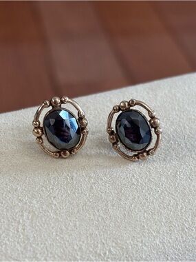 Vintage Bronze Tone Ornate Oval Earrings with Black Gemstones